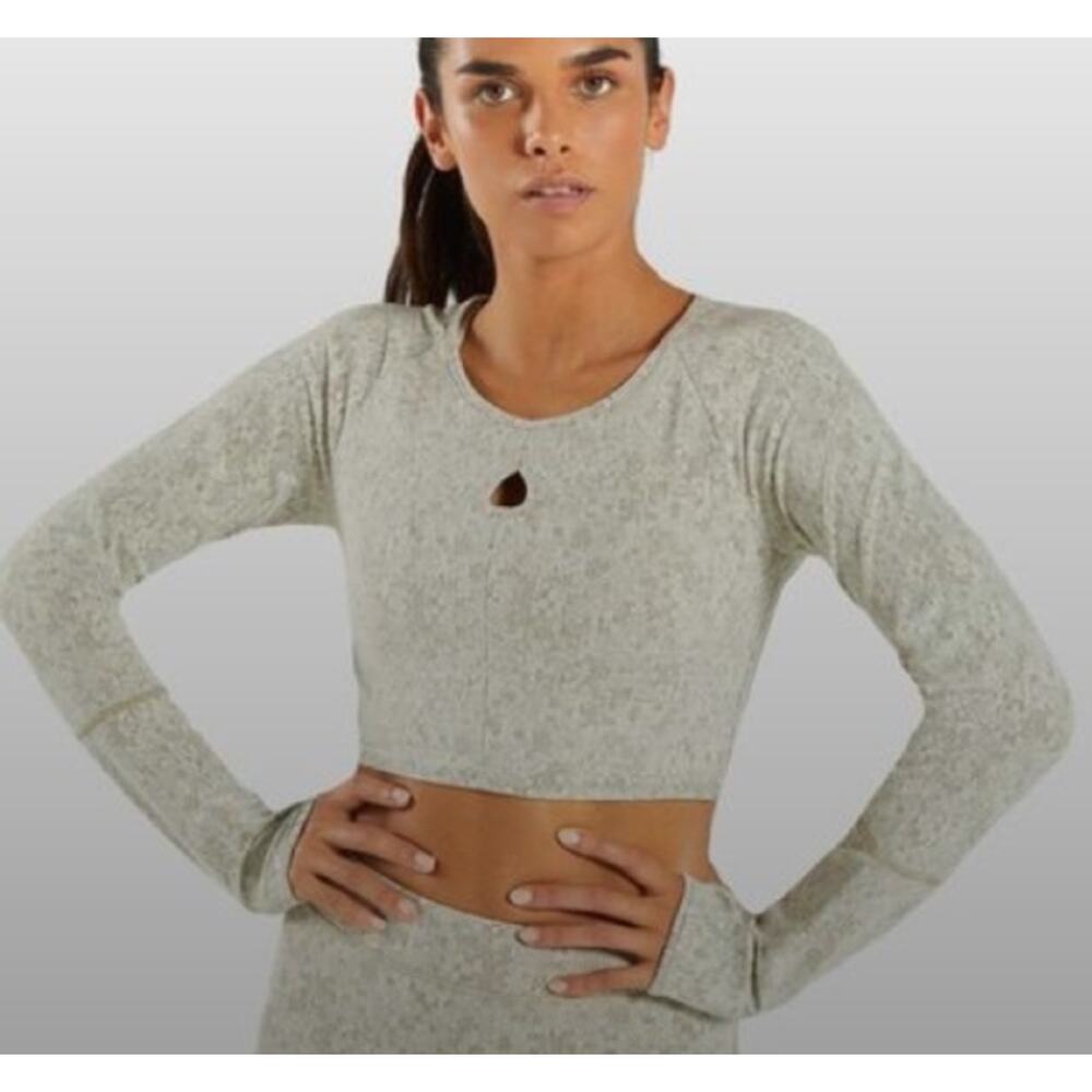 Gymshark Long Sleeve Crop Keyhole Neck Top XS Khaki Marl Thumbhole Fleur Texture